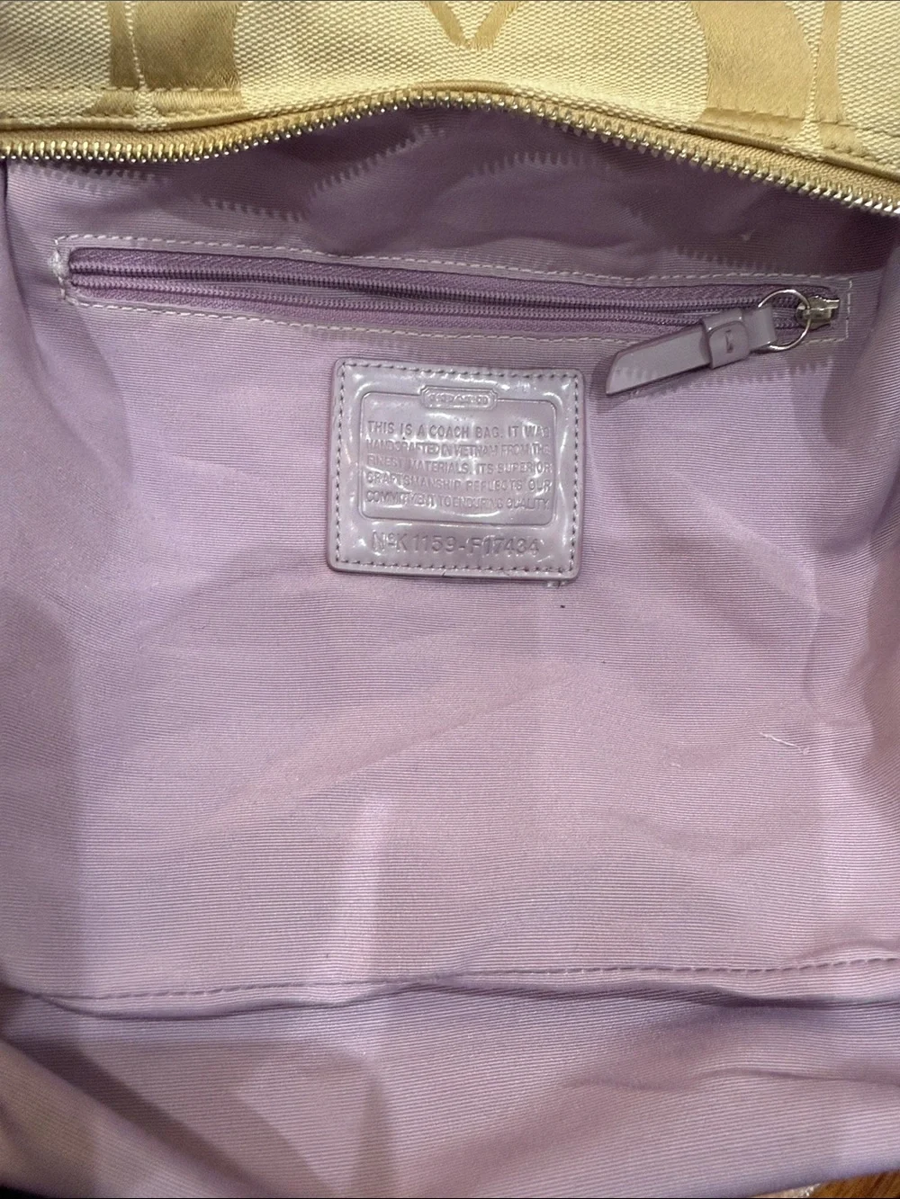 Coach Beige Signature Shoulder Bag with Lavender Trim